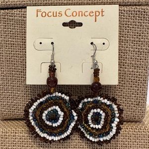 BOHO Seed Bead Earrings by Focus Concept, browns, whites, purple/blue dangles